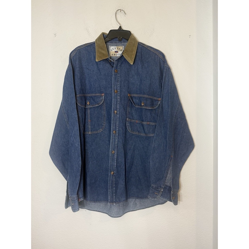 Vintage Cutter Buck Denim Blue Jean Shirt Corduroy Collar Vtg Outdoor Barn